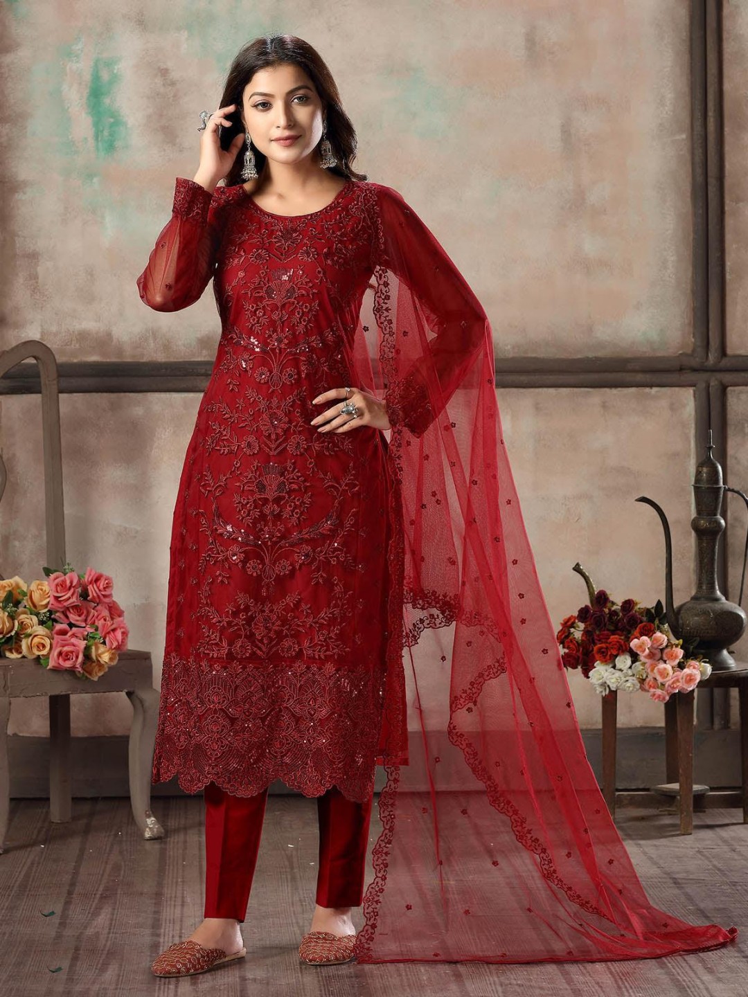 

ODETTE Women Floral Embroidered Regular Sequinned Kurta with Salwar & With Dupatta, Red