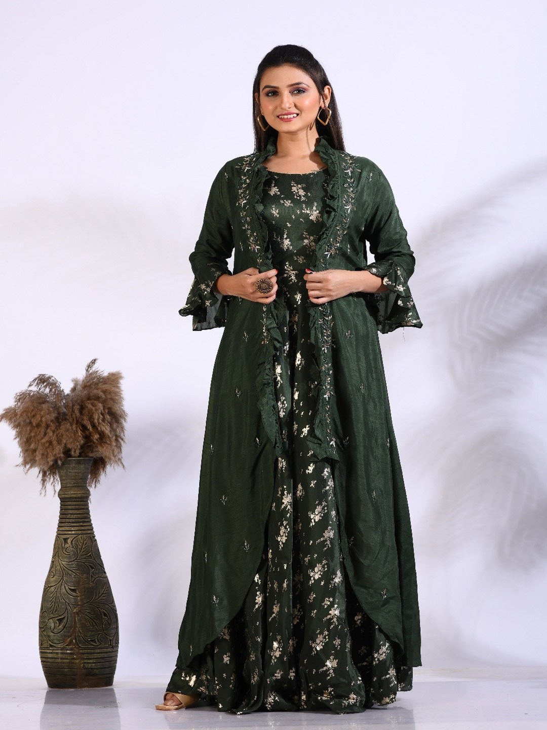 

Morchari Women A-Line Maxi Gown with Jacket, Green