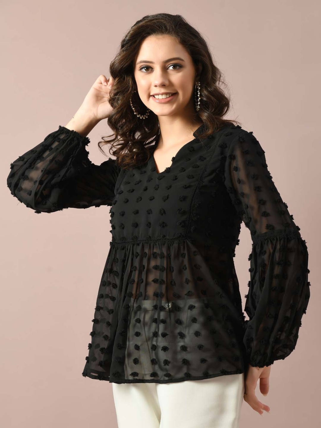 

IUGA Women Swiss Dot Detail Puff Sleeve Empire Top, Black