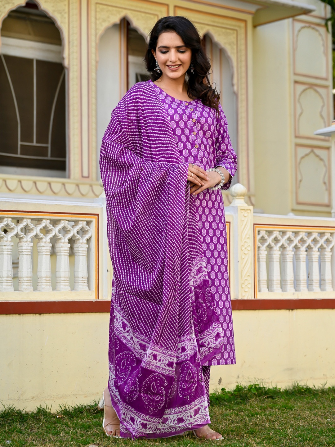 

D K W Women Floral Printed Regular Pure Cotton Kurta with Trousers & With Dupatta, Purple
