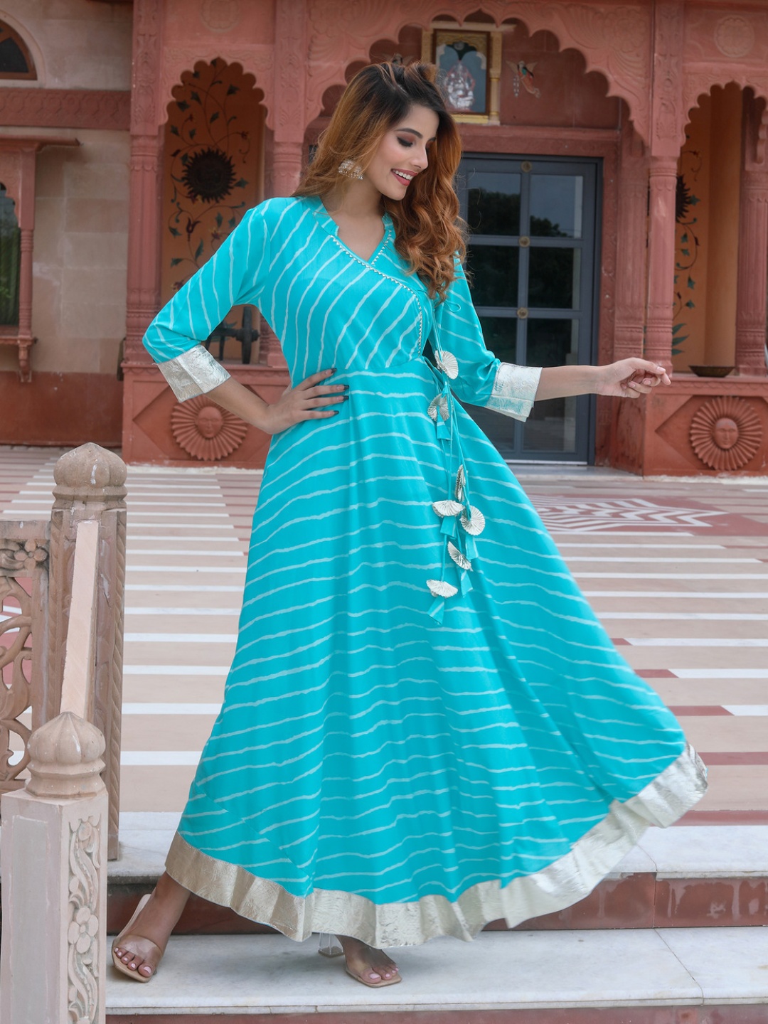 

Anouk Striped Fit and Flare Maxi Dress, Turquoise blue