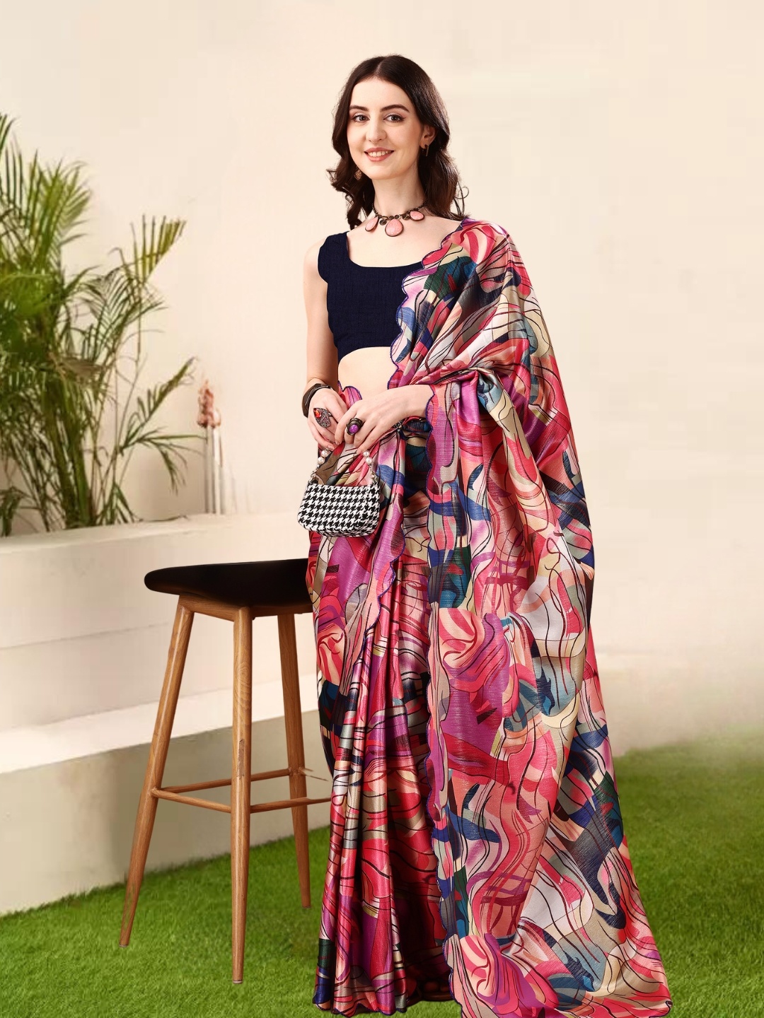 

KAZIA Abstract Satin Banarasi Saree, Pink