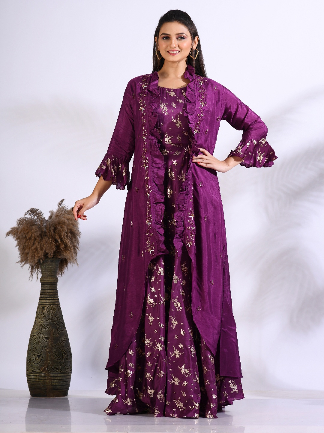 

Morchari Embroidered Gown With Jacket, Purple