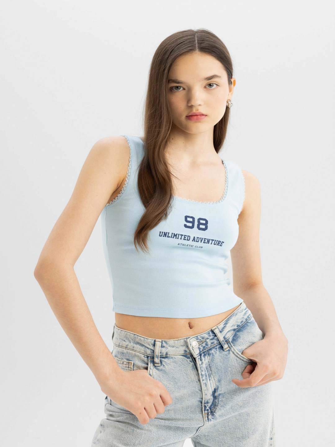 

DeFacto Typographic Printed Square Neck Tank Crop Top, Blue