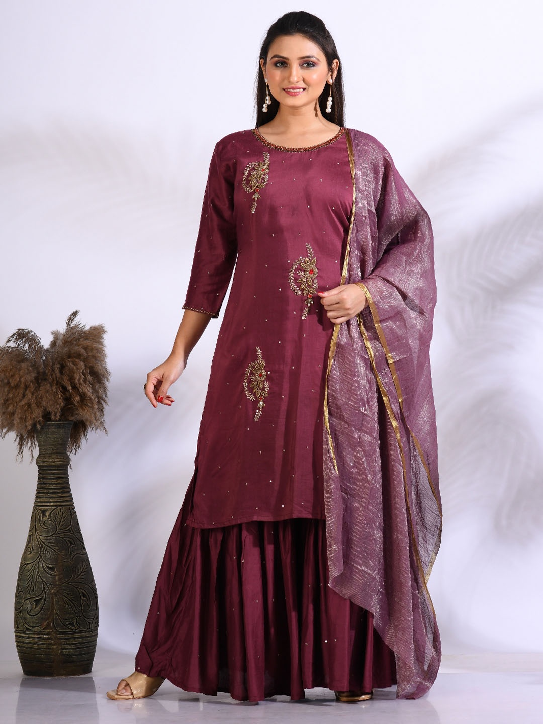 

Morchari Embroidered Pure Silk Straight Kurta With Sharara & Dupatta Set, Maroon