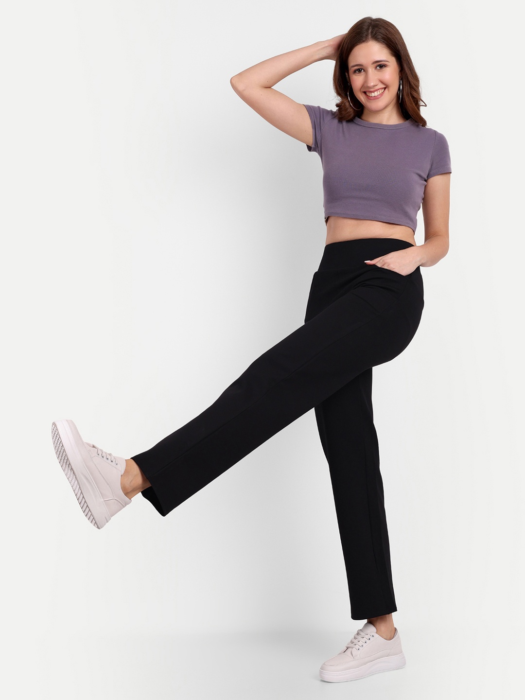 

Next One Women Smart Straight Fit High-Rise Easy Wash Trousers, Black