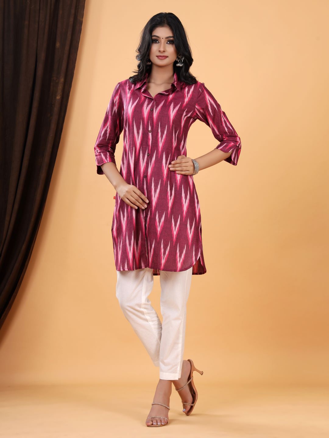 

VASVI Geometric Printed Shirt Collar Cotton Tunic, Burgundy