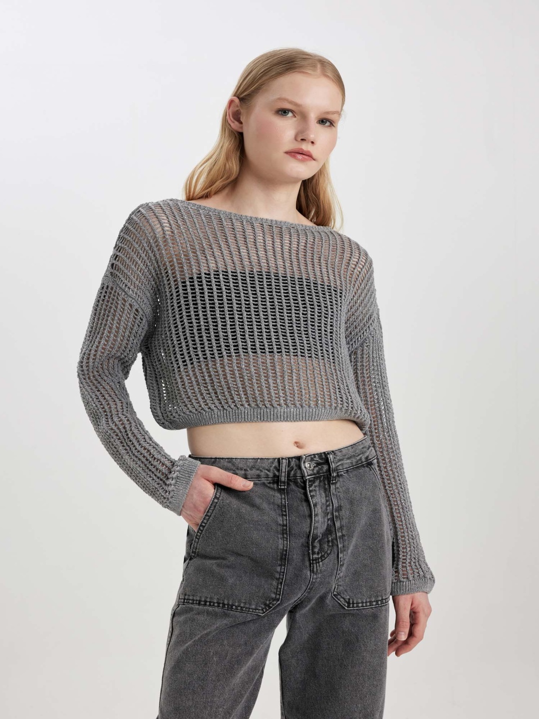 

DeFacto Open Knit Self Design Pullover, Grey