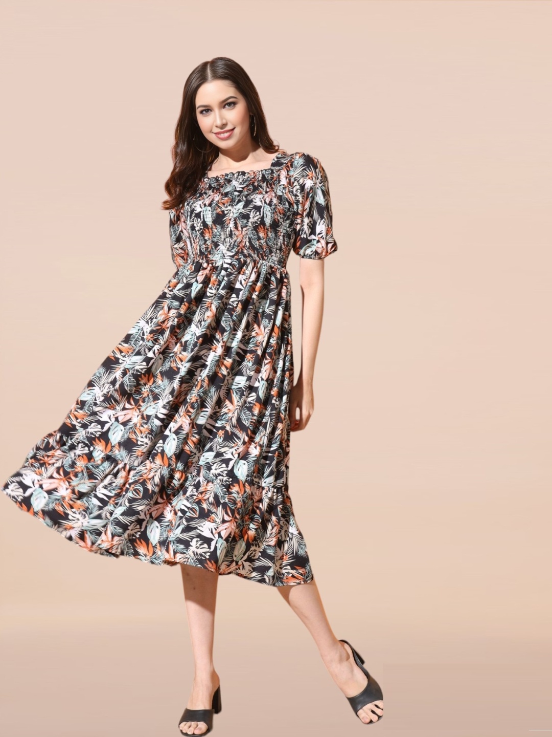 

Femvy Floral Print Applique Fit & Flare Midi Dress, Black