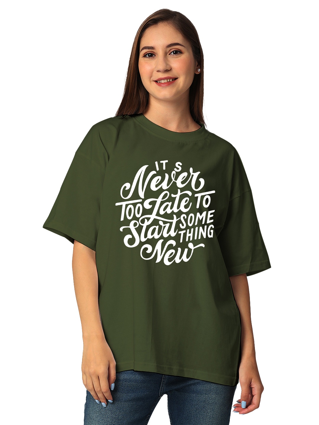 

STATUS MANTRA Women Typography Printed Bio Finish Applique T-shirt, Olive