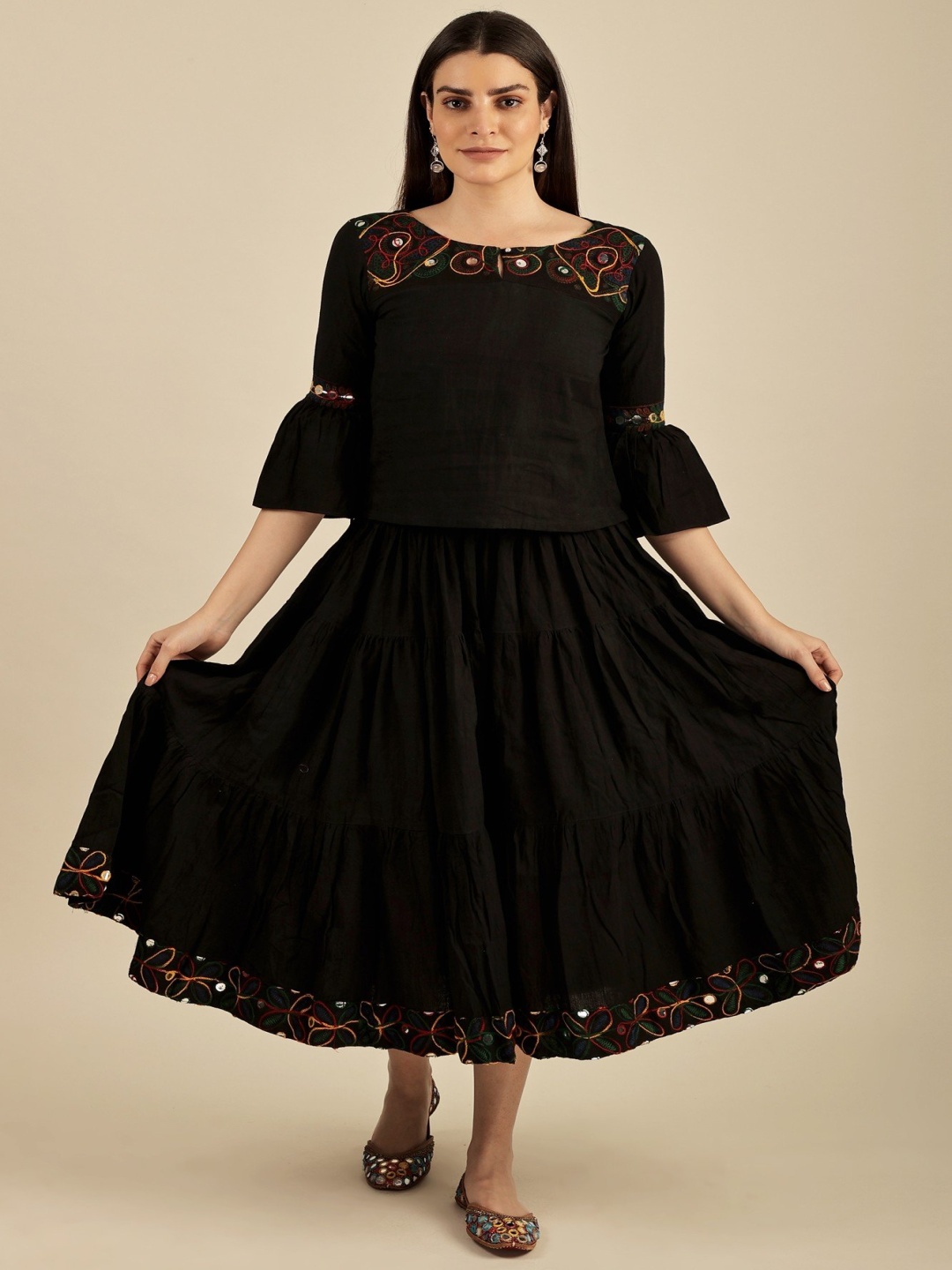 

Exotic India Women Cotton Bell Sleeve A-Line Midi Dress, Black