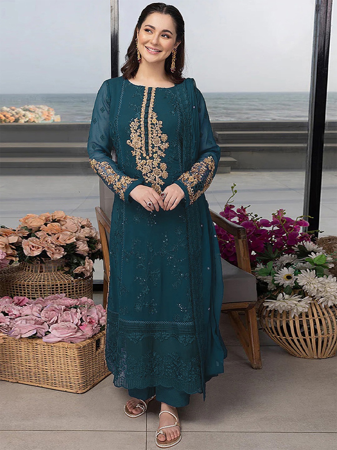 

ODETTE Women Floral Embroidered Regular Thread Work Semi Stitched Kurta with Trousers With Dupatta, Teal