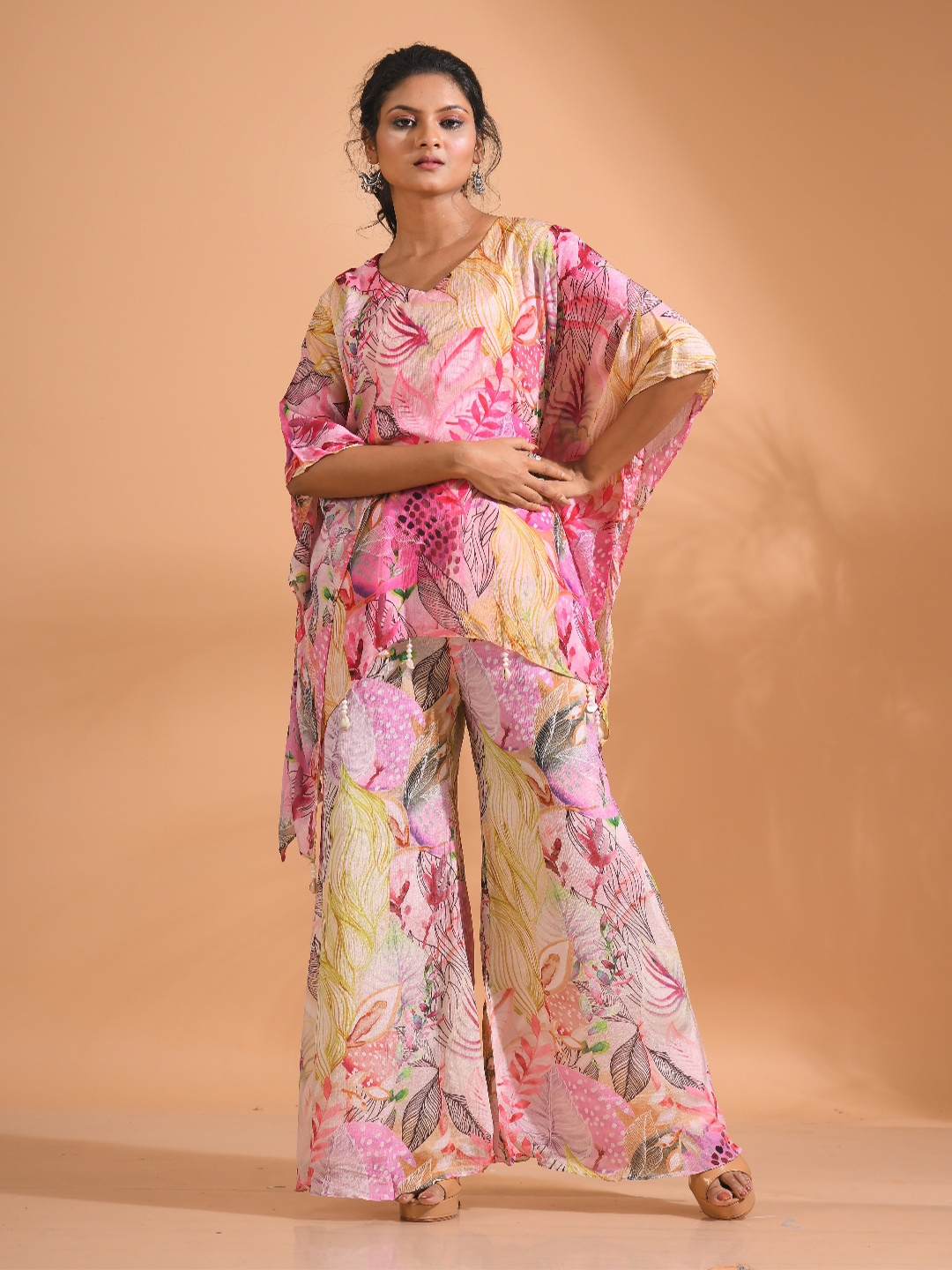 

Morchari Printed V-Neck Kaftan Top With Trouser Co-Ords, Pink