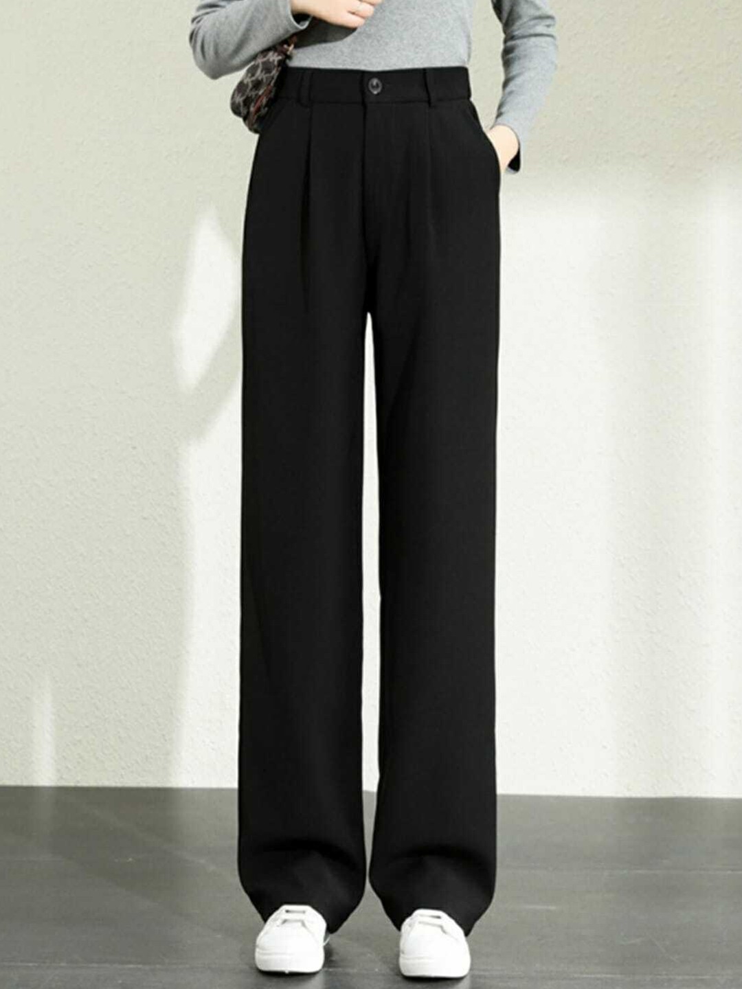 

BROADSTAR Women Smart Loose Fit High-Rise Easy Wash Trousers, Black