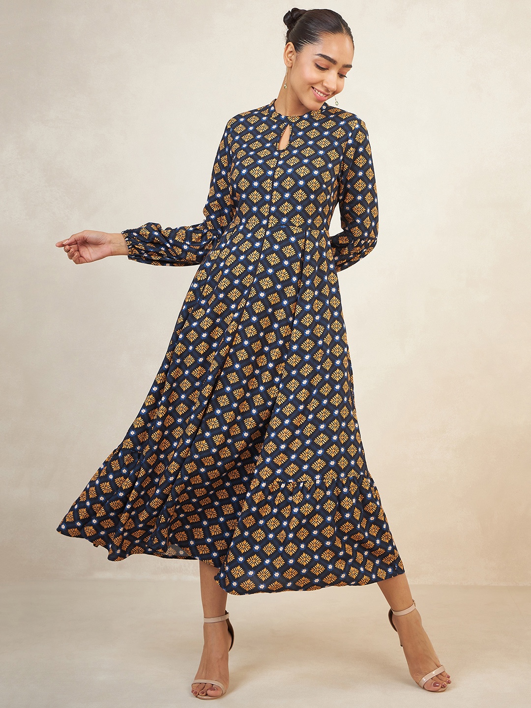 

FEMMELLA Ethnic Motifs Print A-Line Midi Dress, Navy blue