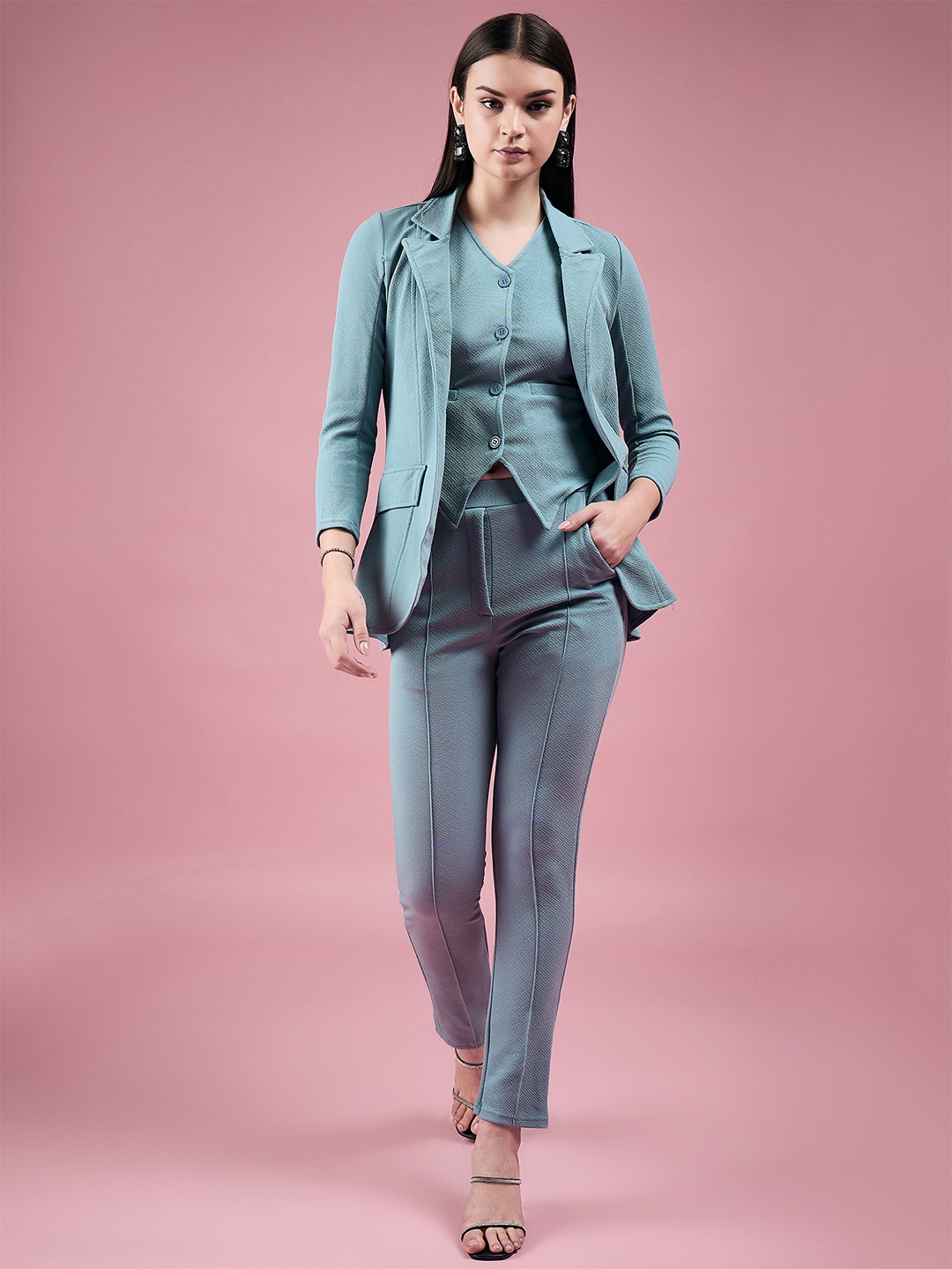 

DressBerry Self Design Lapel Collared Neck Blazer & Flared Trouser & Waistcoat Co-Ords, Green