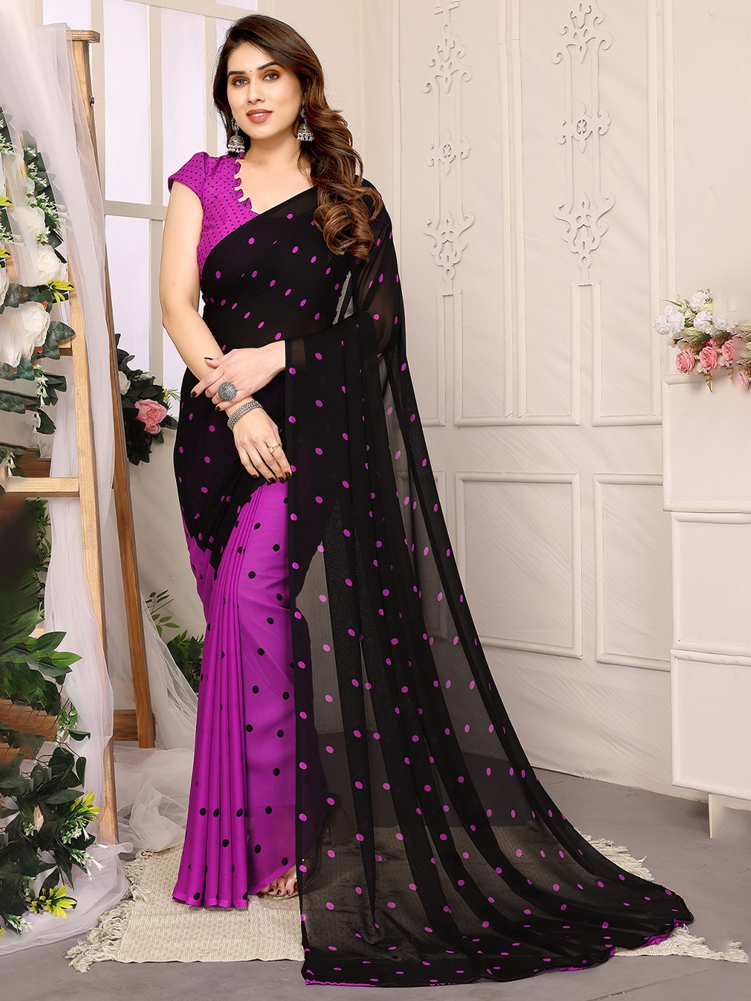 

Moda Rapido Polka Dot Poly Georgette Saree, Purple