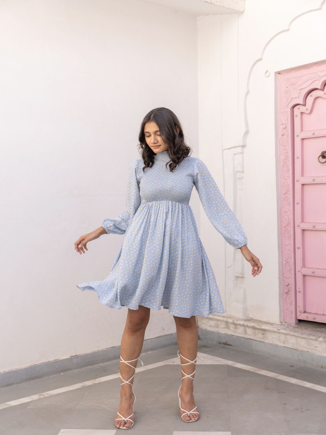 

Polago Clothing Mock Neck Puff Sleeve Smocked Cotton Fit & Flare Dress, Blue