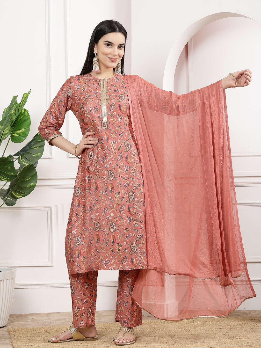 

Nayam By Lakshita Printed Straight Kurta With Trousers & Dupatta Set, Peach