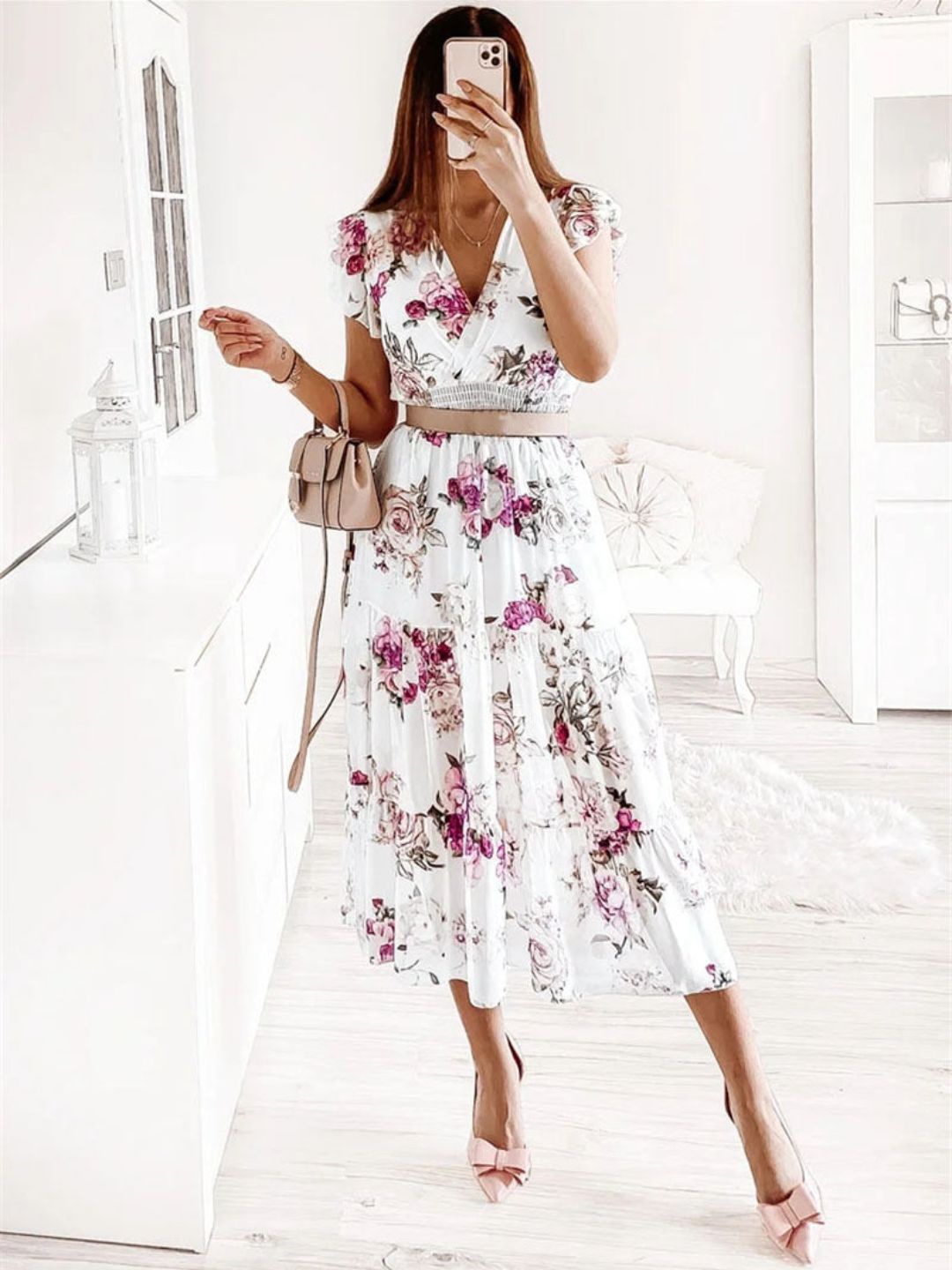 

DressBerry Floral Print Bell Sleeve Fit & Flare Midi Dress, Purple