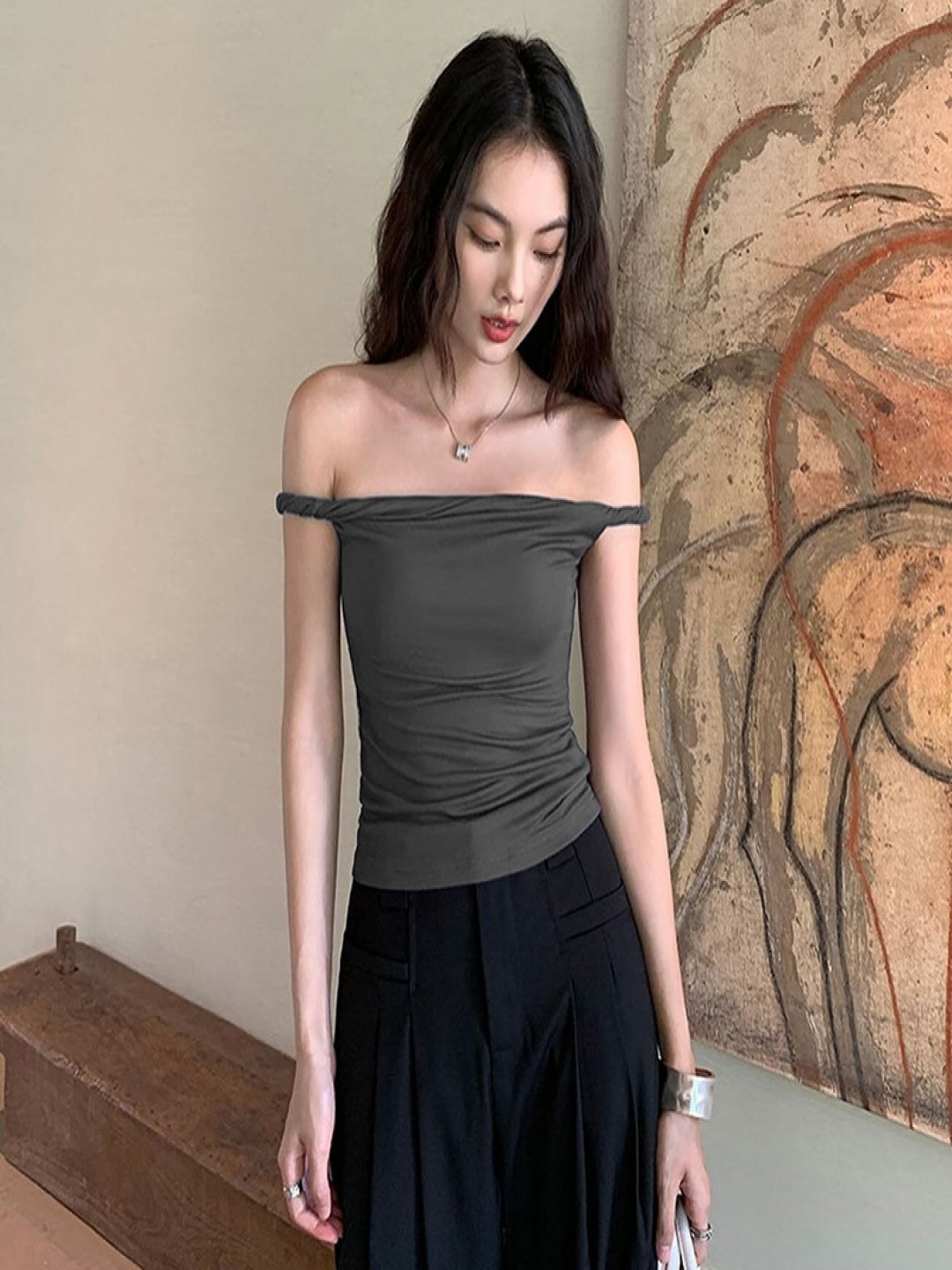 

all about you Off-Shoulder Bardot Top, Grey