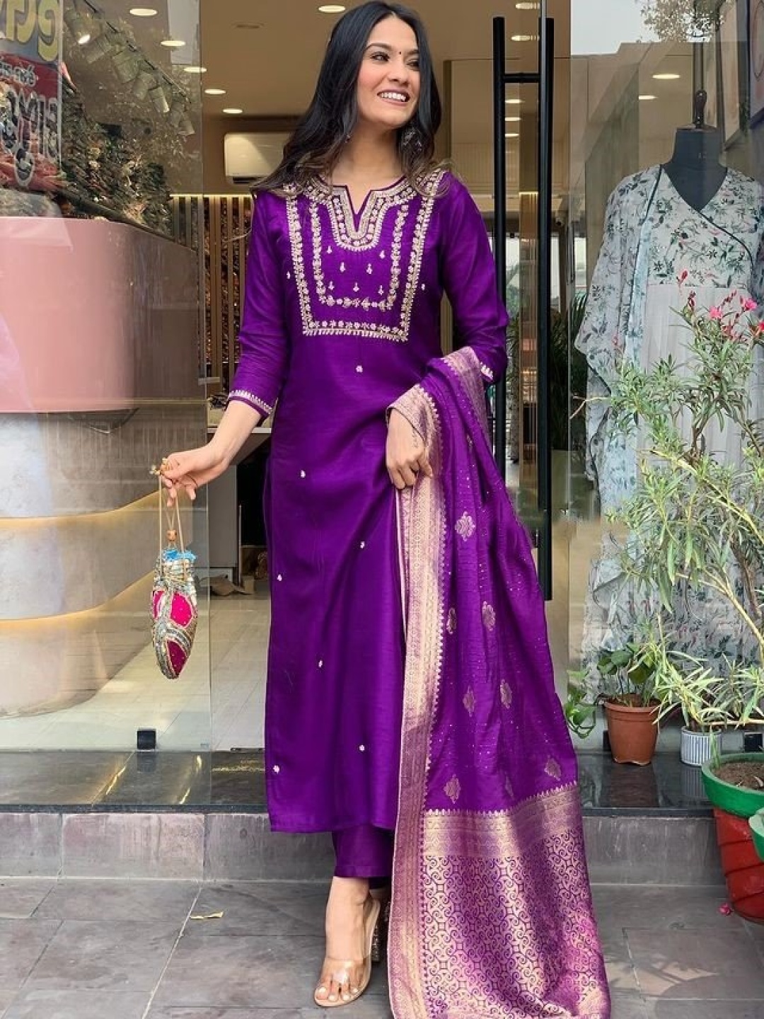 

KALINI Floral Embroidered Thread Work Jacquard Weave Straight Kurta With Trouser & Dupatta, Purple