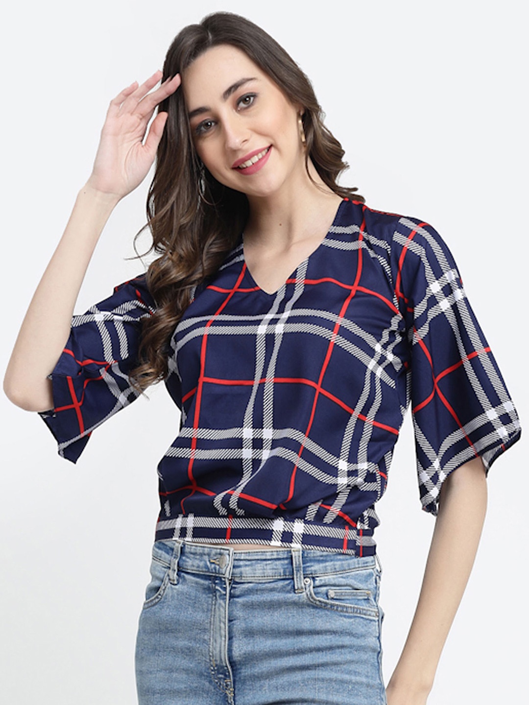 

MISS AYSE Checked Crepe Wrap Crop Top, Navy blue