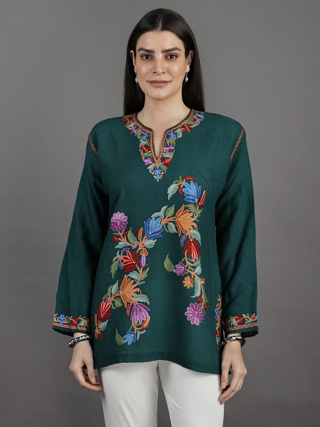 

Exotic India Floral Embroidered Woolen V-Neck Kurti, Green