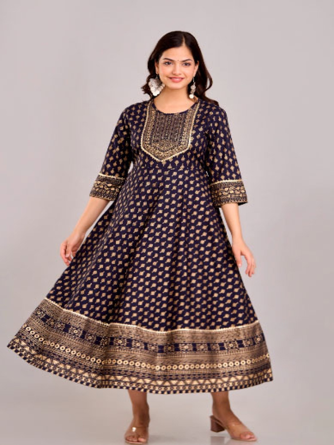 

BAIRAJ Ethnic Motifs Printed Mandarin Collar A-Line Kurta, Blue