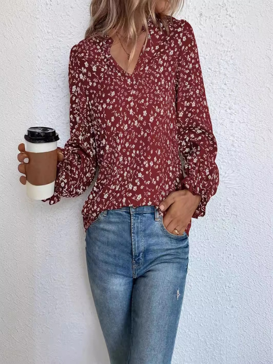 

StyleCast Maroon Floral Printed Mandarin Collar Cuffed Sleeves Chiffon Shirt Style Top