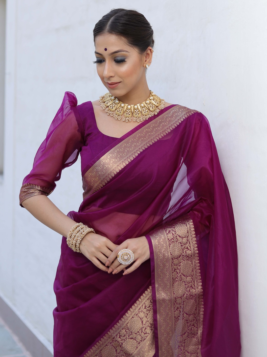 

AWRIYA Zari Organza Banarasi Saree, Violet