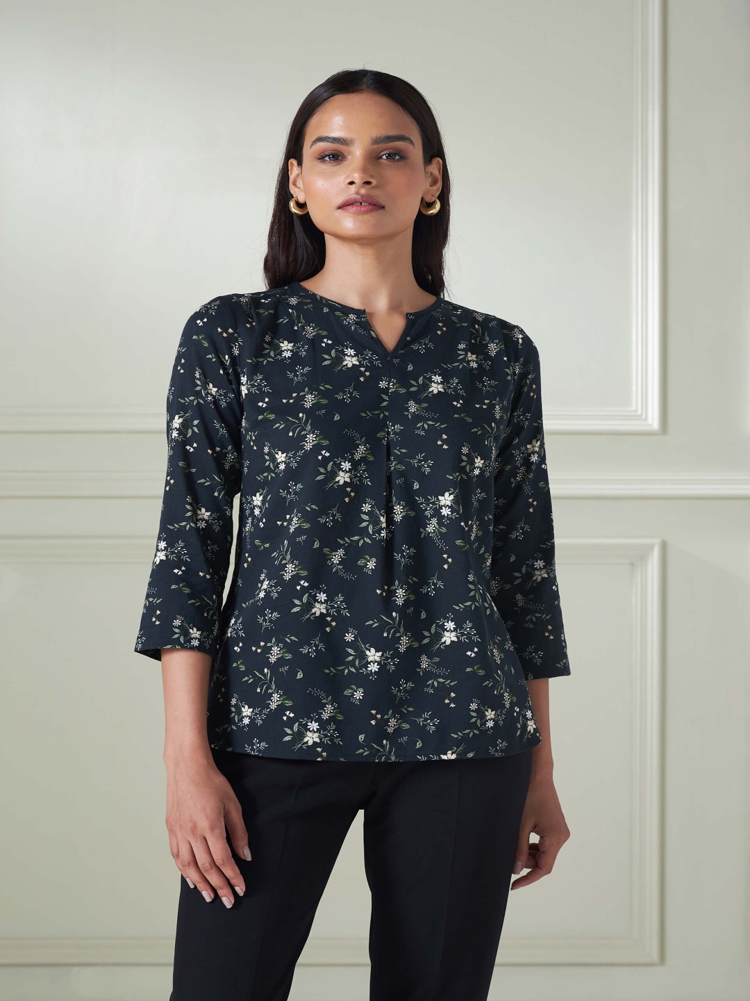 

SALT ATTIRE Mandarin Collar Printed Tunic, Black