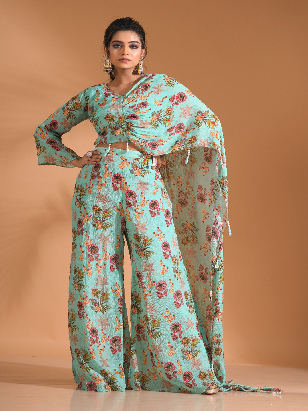 

Morchari Printed V- Neck Top & Flared Palazzo Co-Ords, Blue