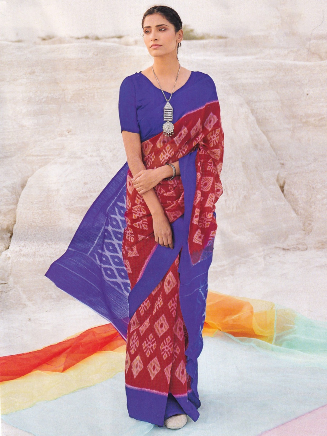

Exotic India Cotton Ikat Ethnic Motifs Printed Saree, Red
