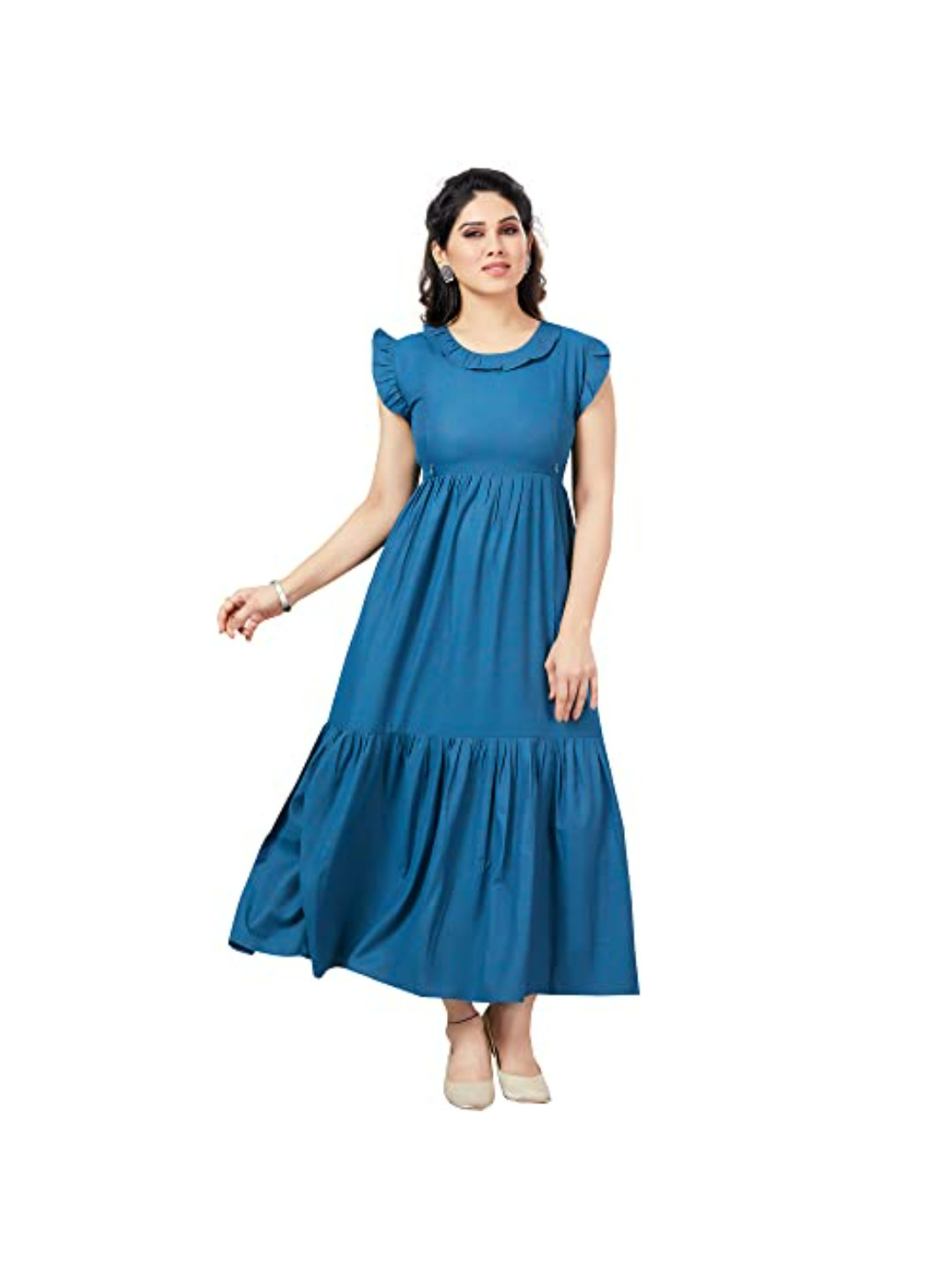 

CEE-18 Flutter Sleeves Maternity Empire Tiered Midi Dress, Blue