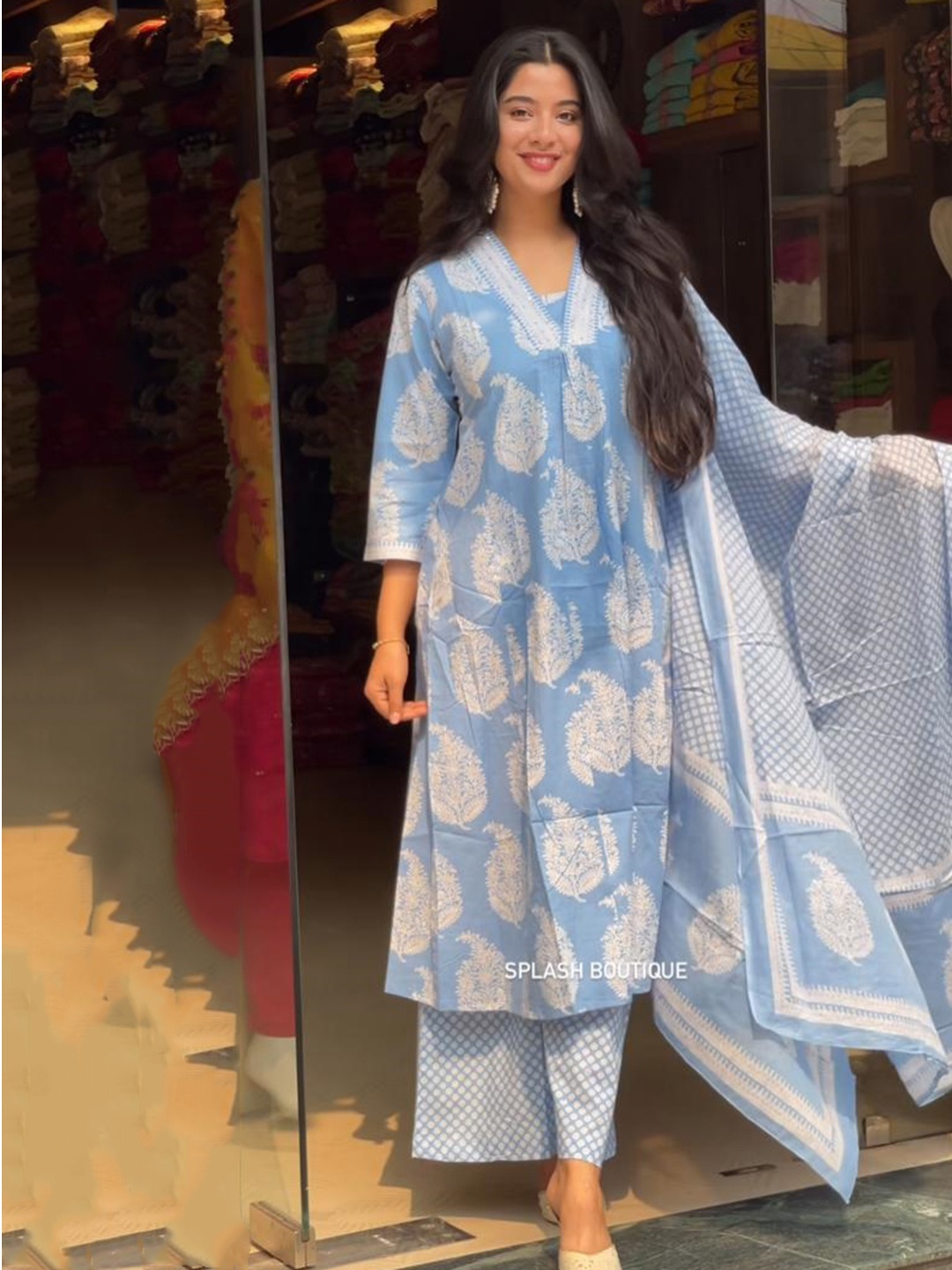 

Royal Export Paisley Printed V-Neck Straight Kurta With Trousers & Dupatta, Blue