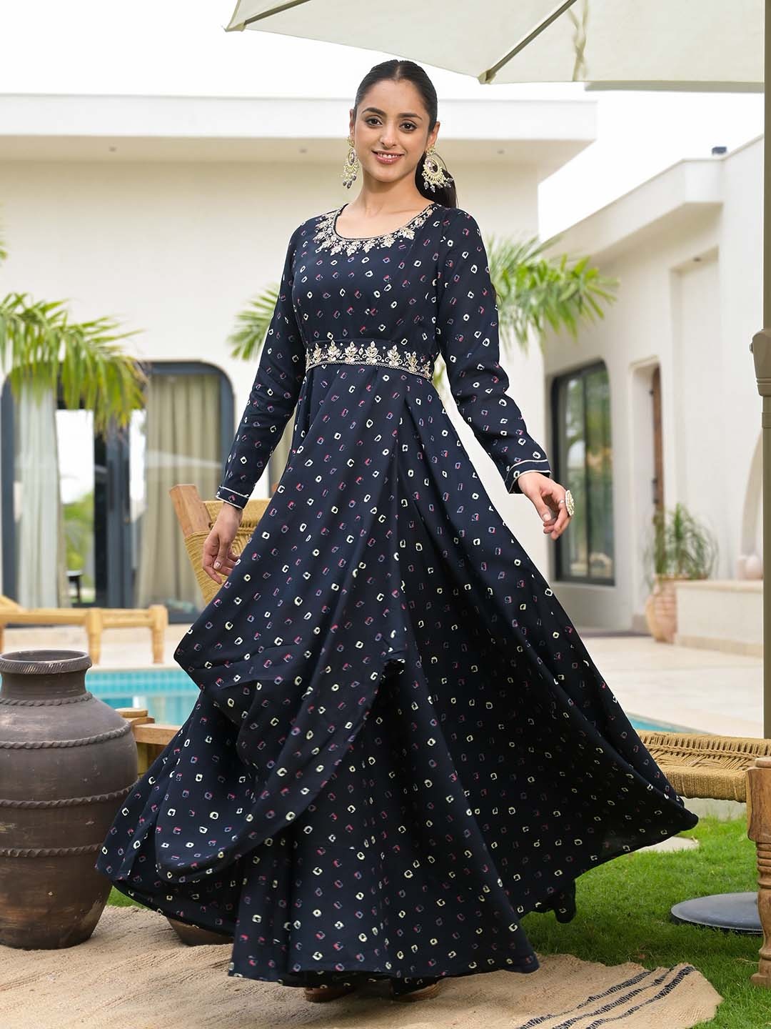 

Divena Embroidered Maxi Ethnic Dress, Navy blue