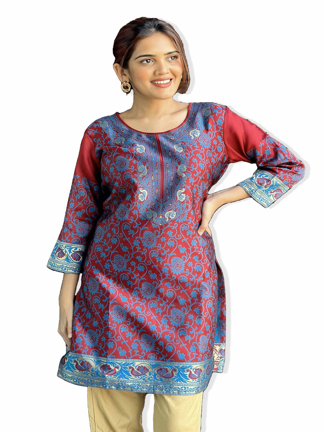 

keshubaba Ethnic Motifs Woven Design Jacquard Kurti, Maroon