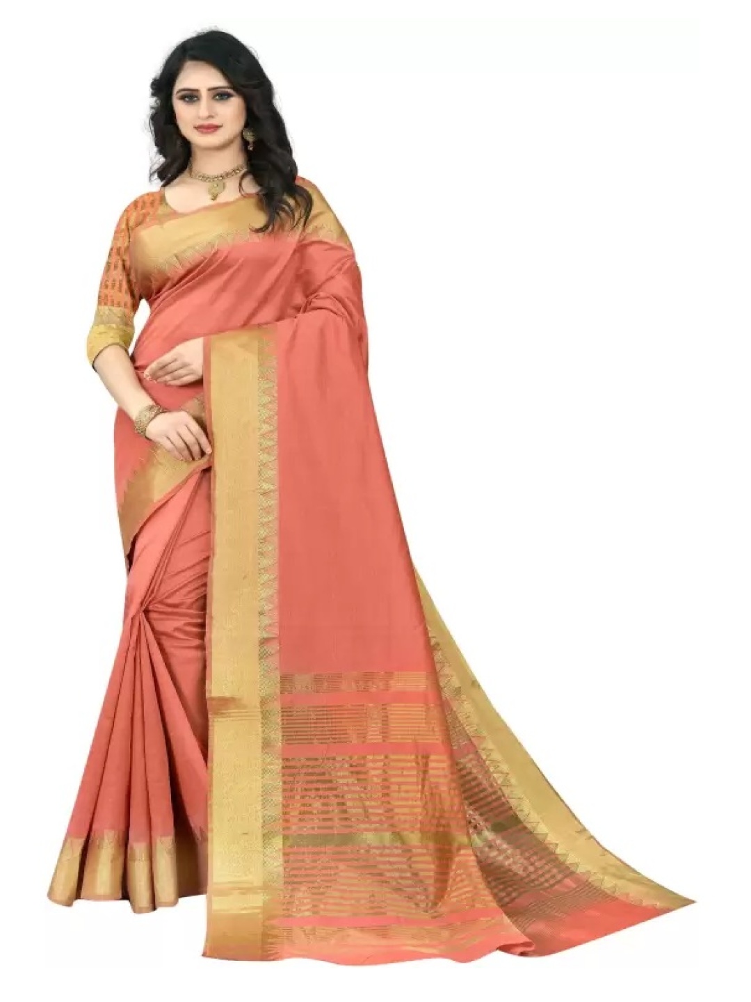 

THE WOMEN DECOR Zari Silk Cotton Tussar Saree, Peach