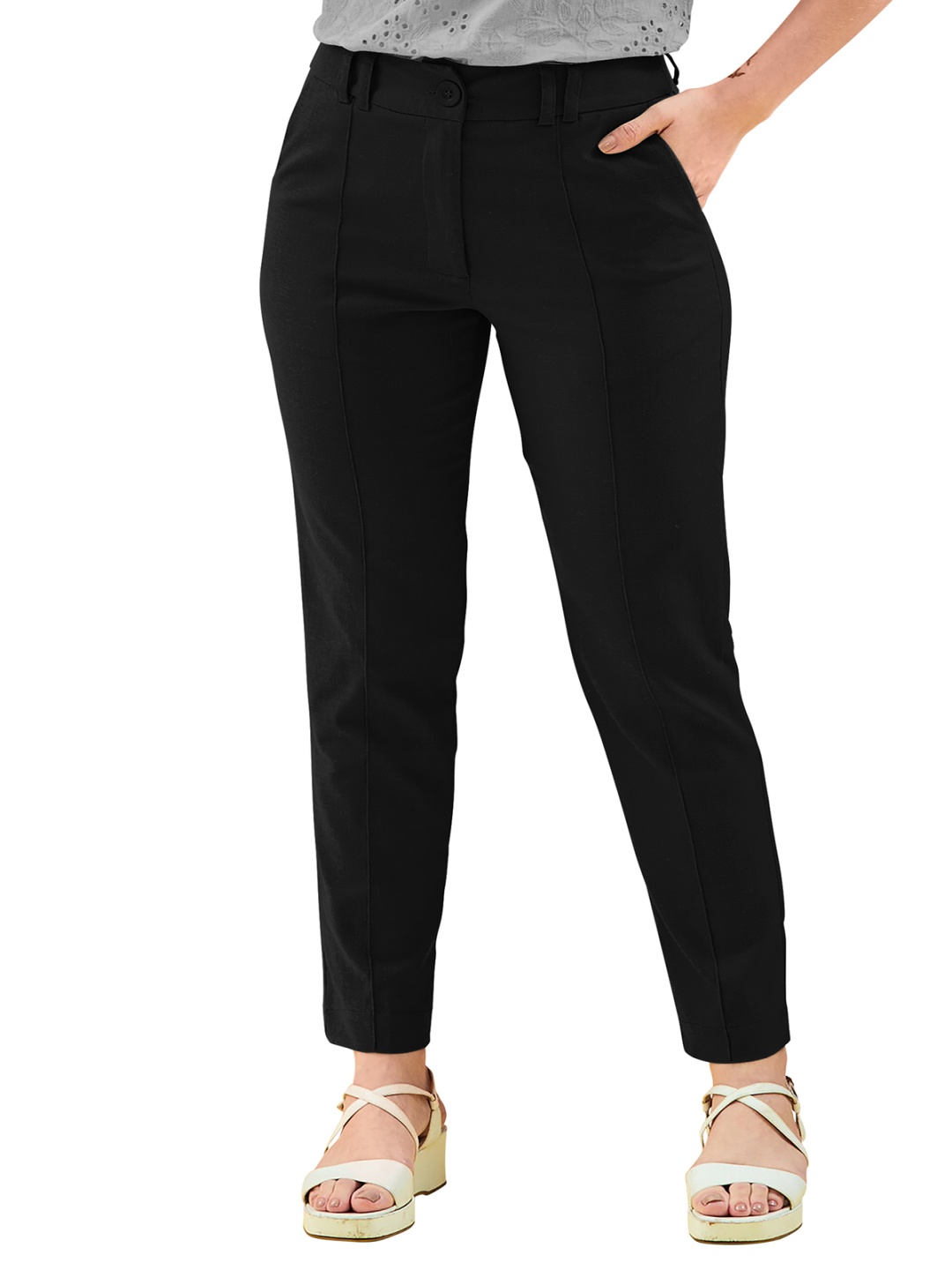 

BAESD Women Relaxed Straight Leg Easy Wash Mid-Rise Formal Trousers, Black