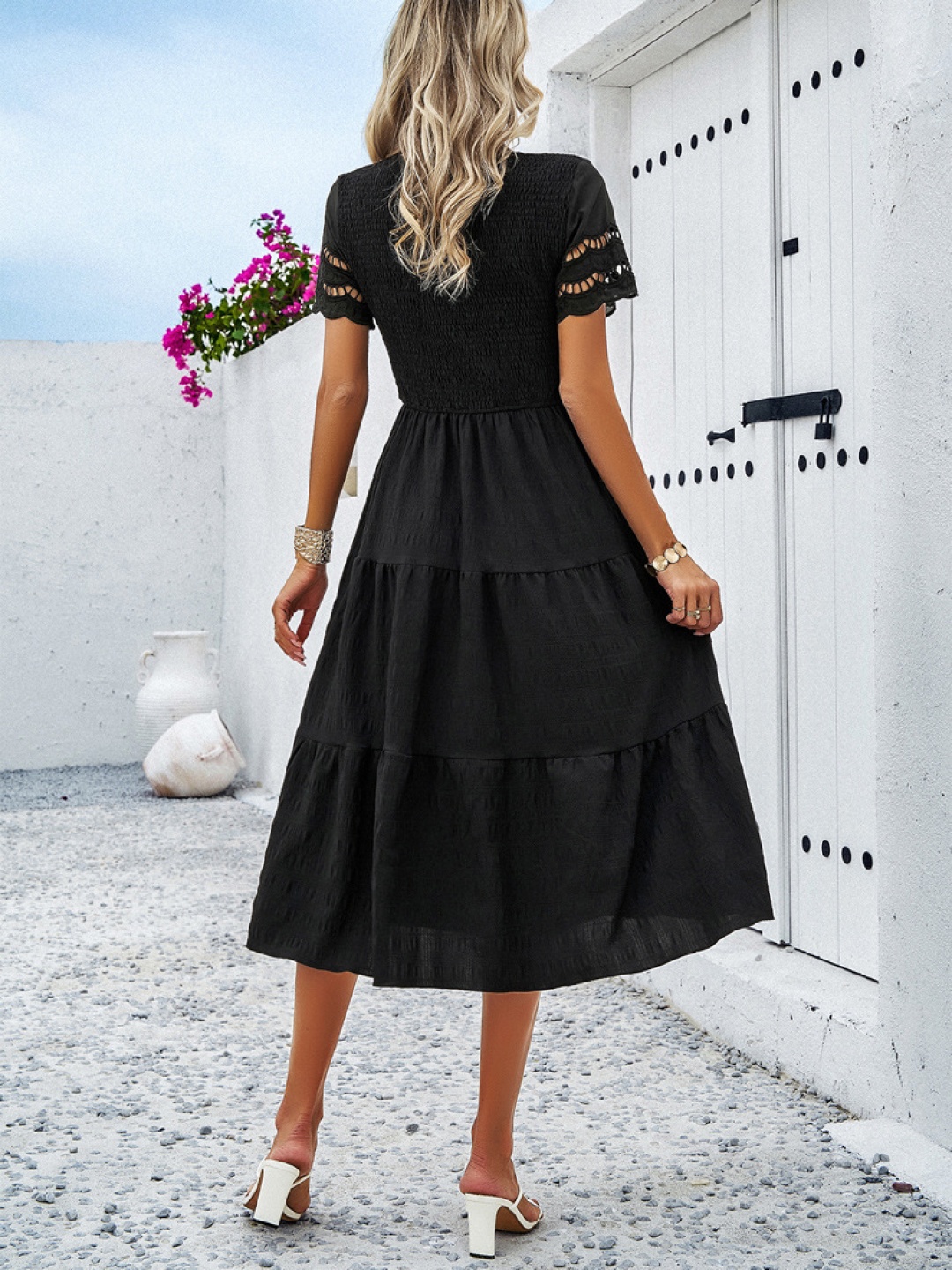 

Mast & Harbour Self Design Round Neck Layered Fit & Flare Dress, Black