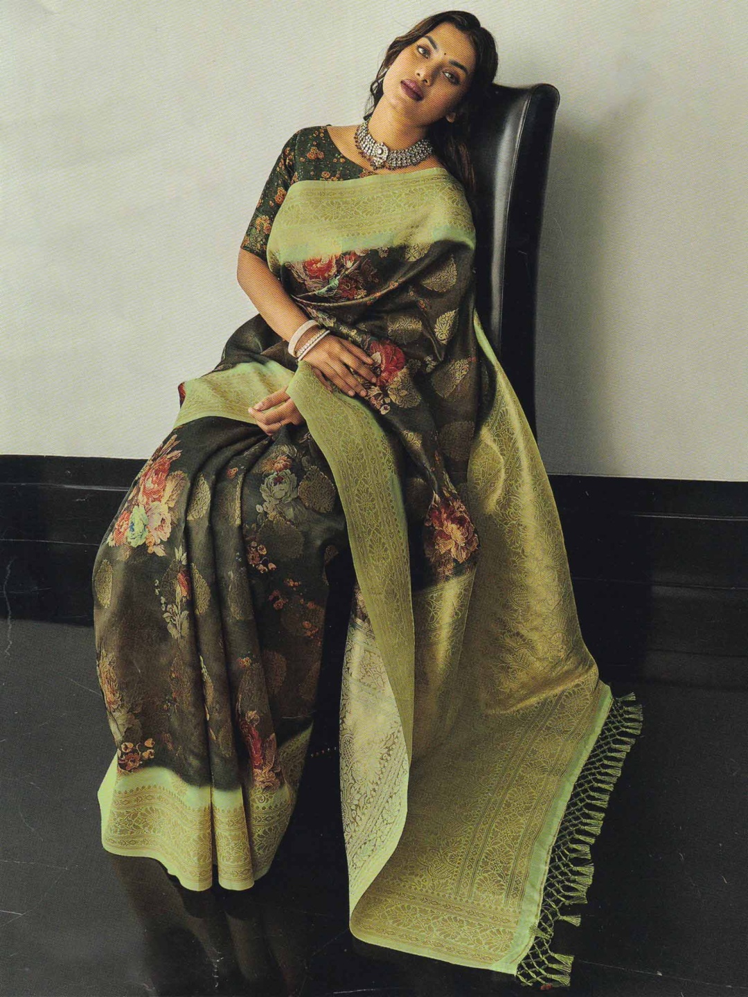 

Exotic India Floral Zari Organza Saree, Green