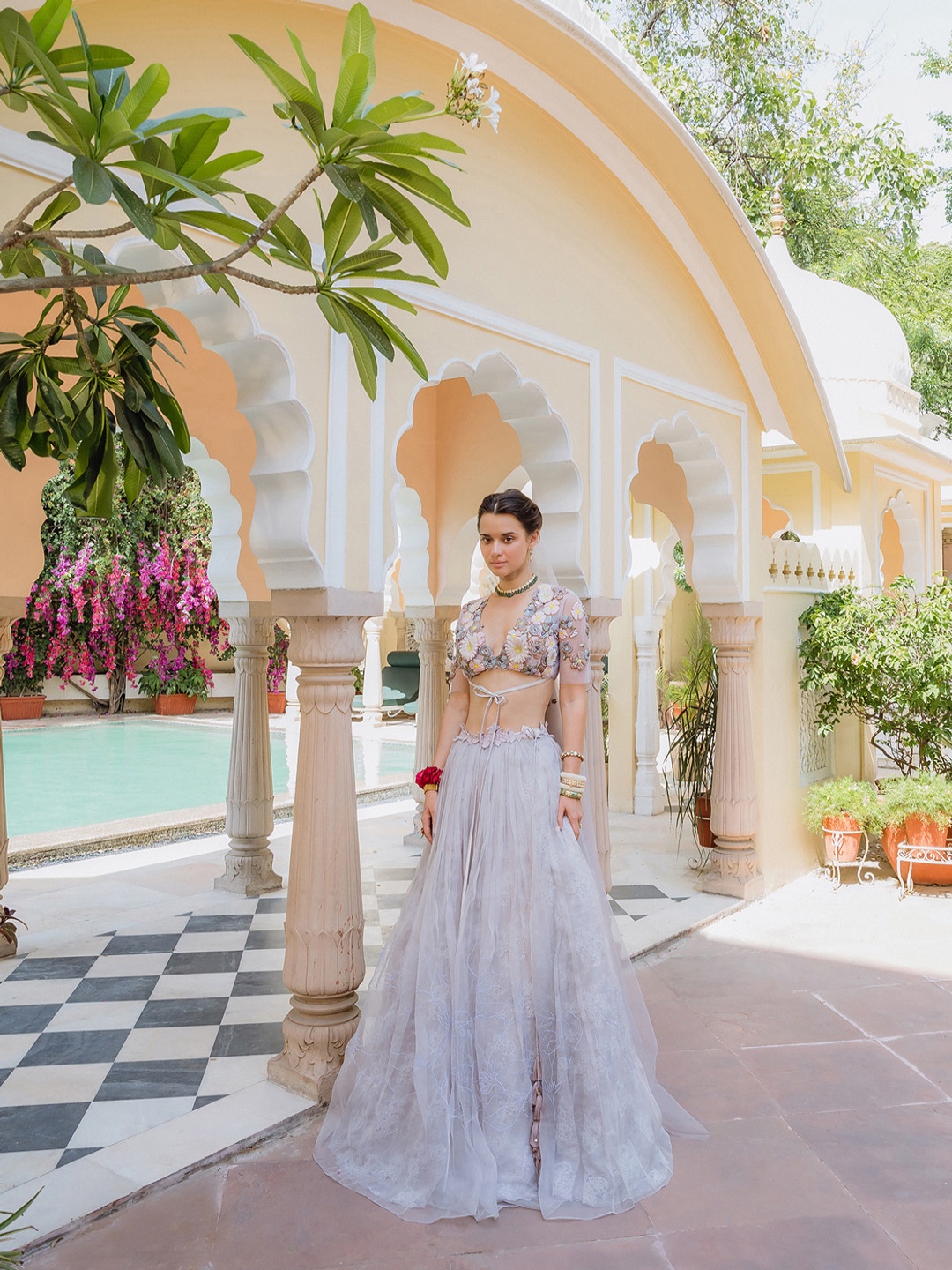 

The Little Black Bow Embellished Made to Measure Lehenga & Blouse With Dupatta, Purple