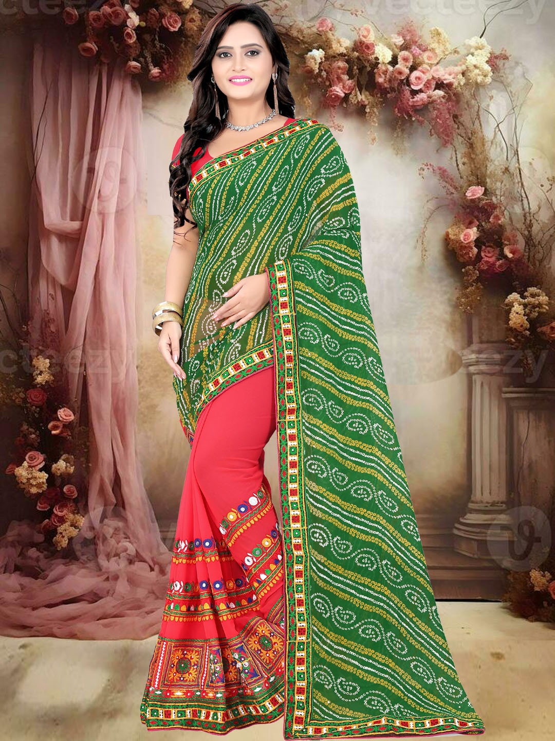

RAJGRANTH Bandhani Embroidered Pure Georgette Half and Half Bandhani Saree, Green