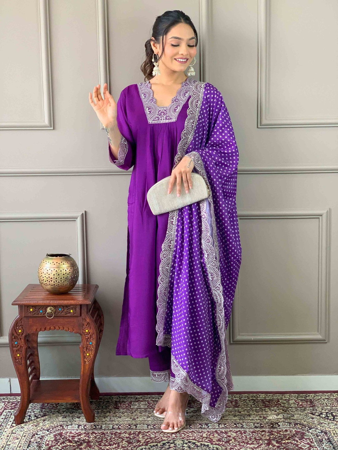 

KALINI Floral Yoke Design Thread Work Straight Kurta With Trousers & Dupatta, Purple