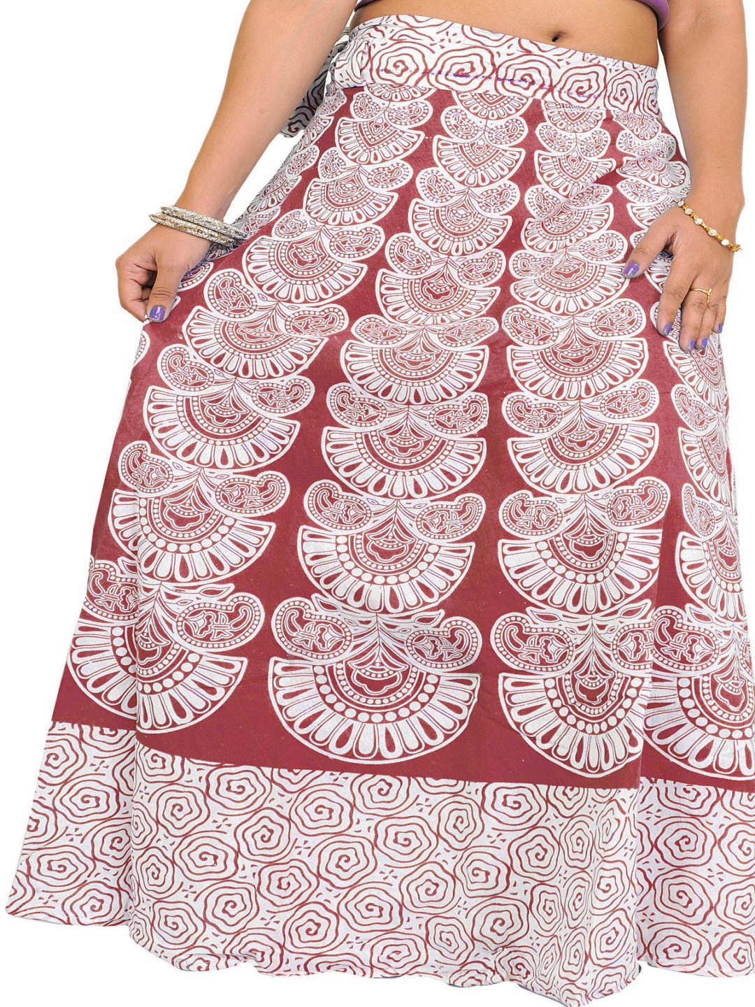 

Exotic India Printed A-Line Flared Maxi Skirt, Red