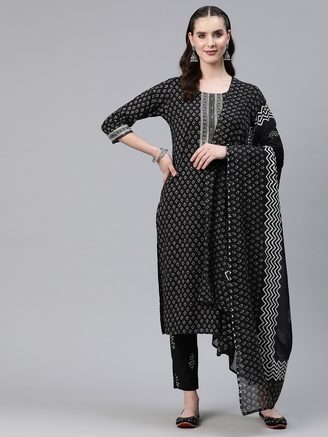 

Readiprint Ethnic Motifs Printed Pure Cotton Kurta with Trousers & With Dupatta, Black