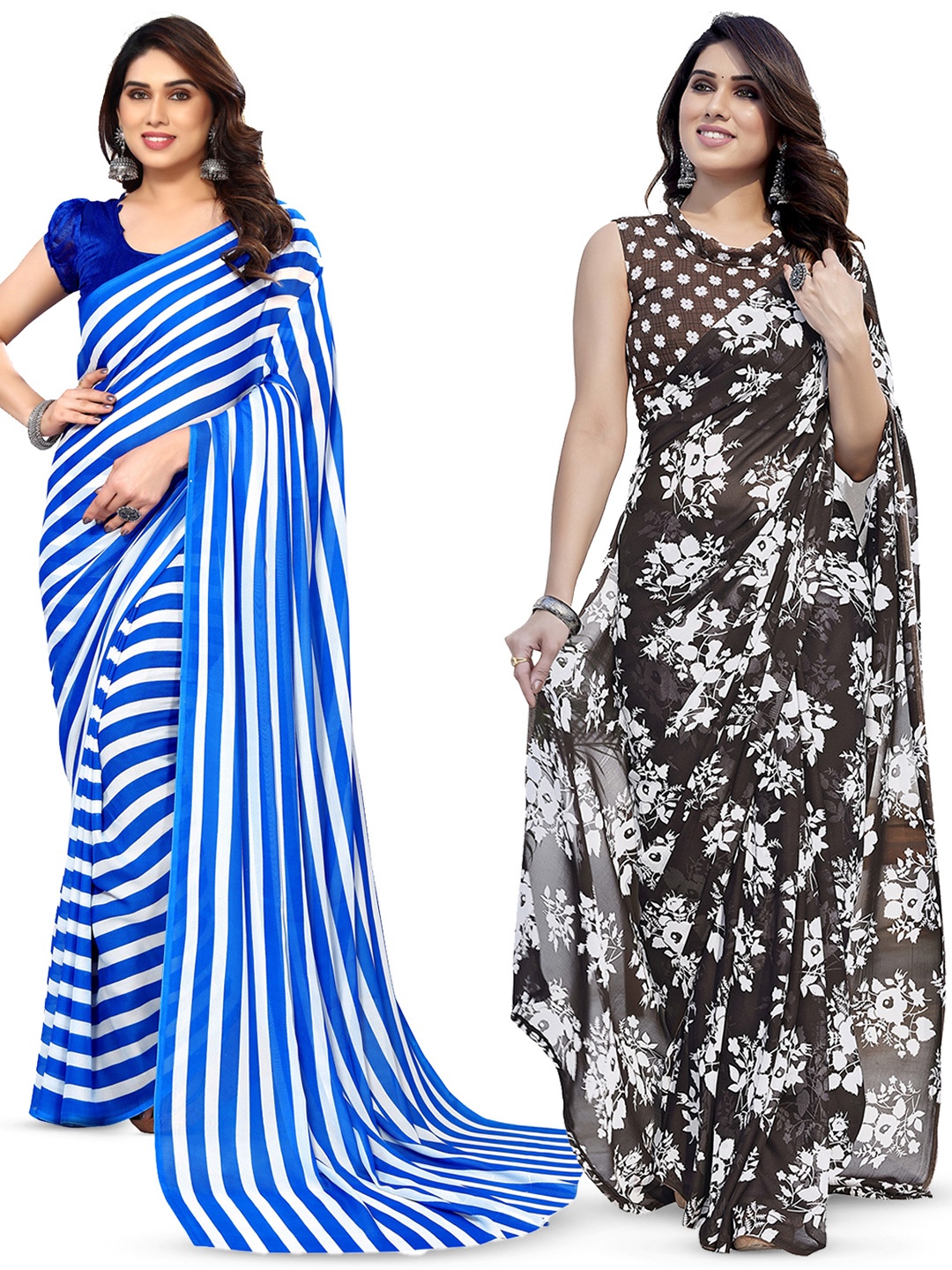 

ANAND SAREES Striped Poly Georgette Saree, Blue