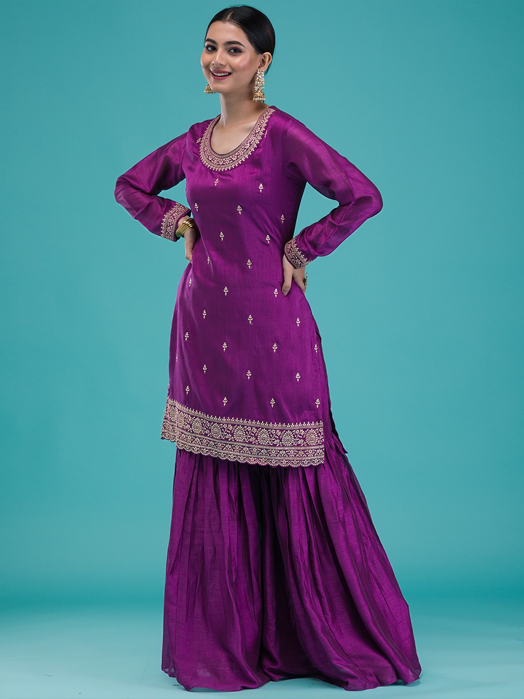 

Koskii Women Ethnic Motifs Embroidered Regular Raw Silk Kurti with Sharara & With Dupatta, Purple