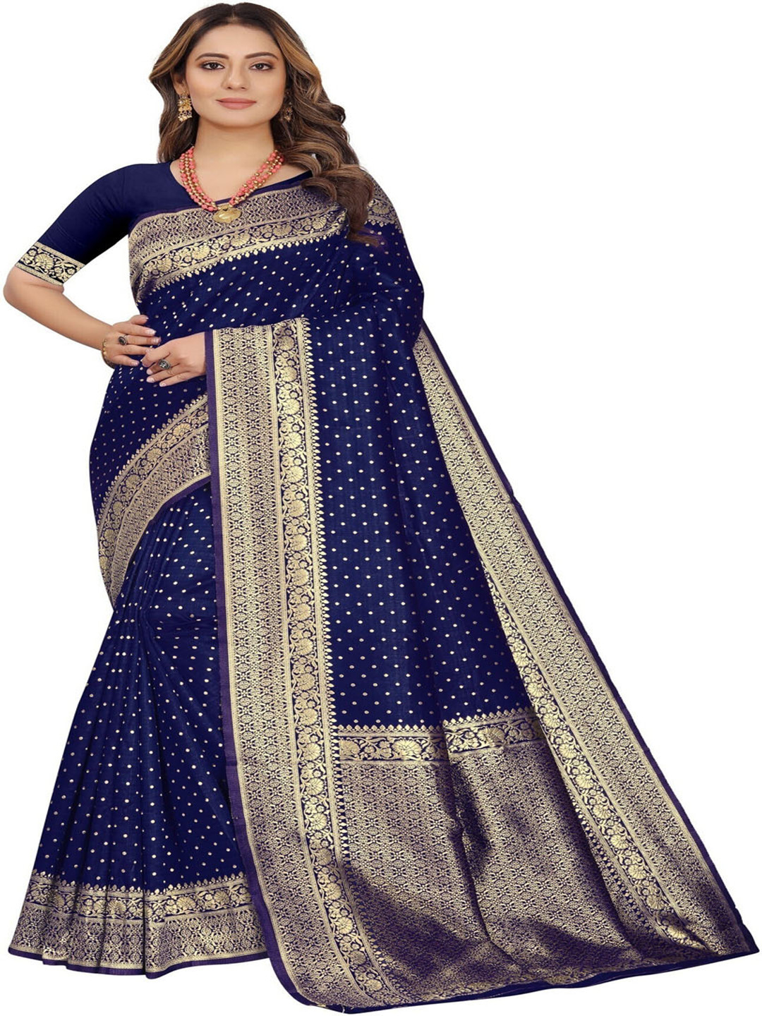 

QENY Woven Design Zari Art Silk Banarasi Saree, Navy blue